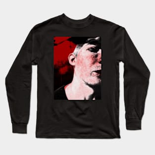 Portrait, digital collage and special processing. Hard situation, but men looking on us. Beautiful. Gray and red. Light red spots. Long Sleeve T-Shirt